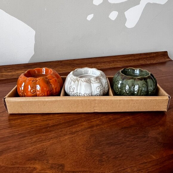 Harvest Treasures Porcelain Candle Holder Set 3 Pumpkins w/ Fall Phrases Decor - Picture 5 of 11